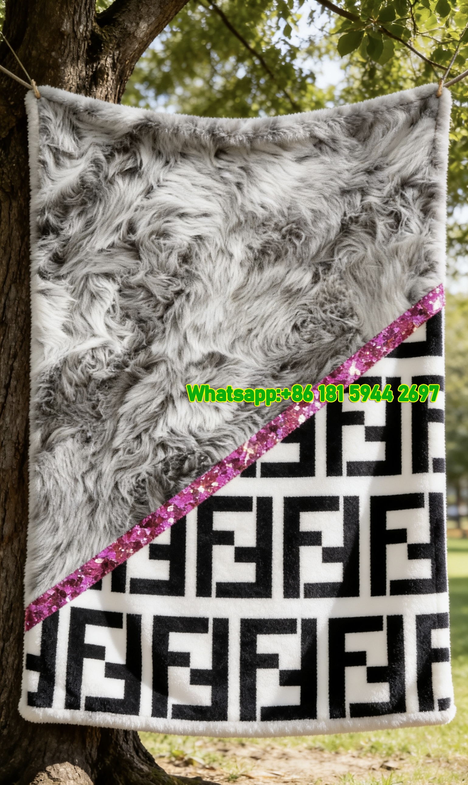 Fendi Gray Fur & Pink Glitter FF Monogram Flannel Sofa Throw Blanket IMG_9403